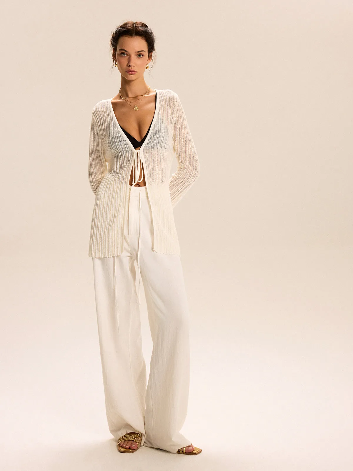 Sheer Ribbed Knit Cardigan With Tie-Front sold by COMMENSE product image thumbnail 3