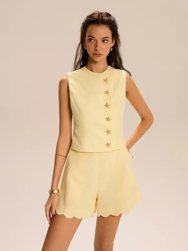 Shorts Set With Decor Button and Scallop Hem sold by COMMENSE