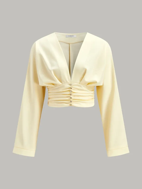 V-Neck Ruched Waist Decor Button Crop Blouse sold by COMMENSE