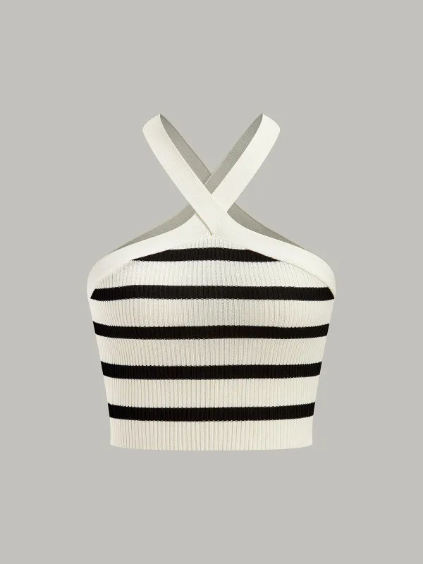 Striped Knit Halter Crop Top made by COMMENSE