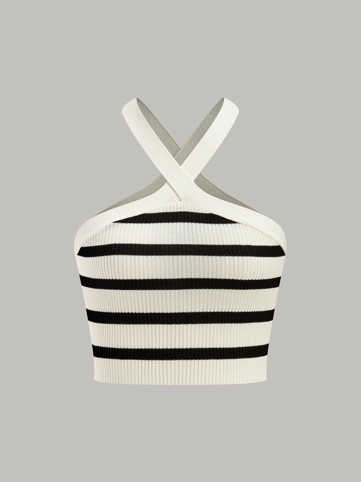 Striped Knit Halter Crop Top sold by COMMENSE