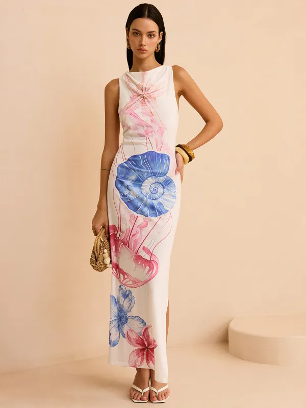 Semi-Sheer Ocean Print Maxi Dress with Slit sold by COMMENSE