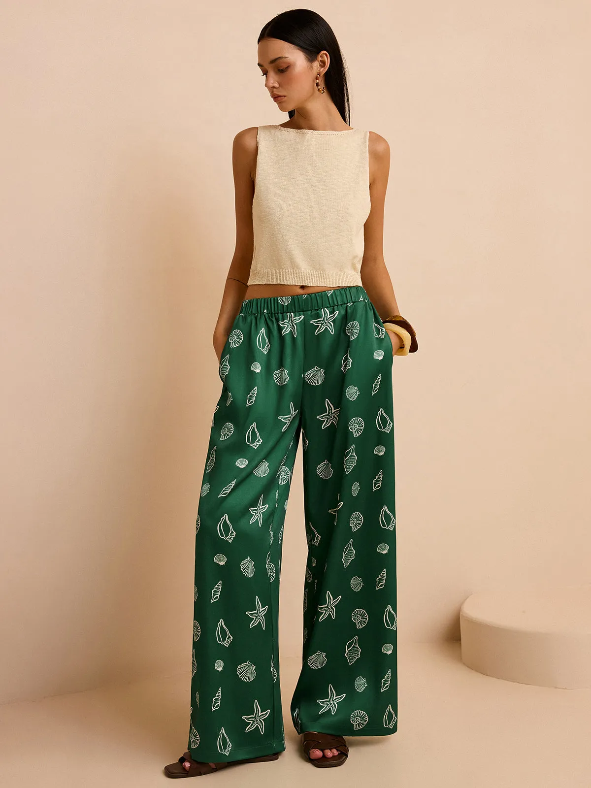 Oversized Mid-Waist Pants with Seashell and Starfish Prints sold by COMMENSE
