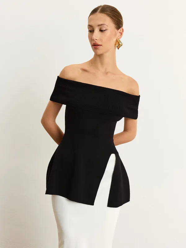 Off-Shoulder Knit Top with Slit sold by COMMENSE