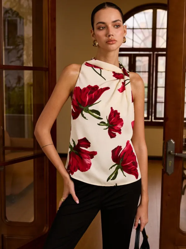 Floral Print Sleeveless Blouse with Knot Detail sold by COMMENSE