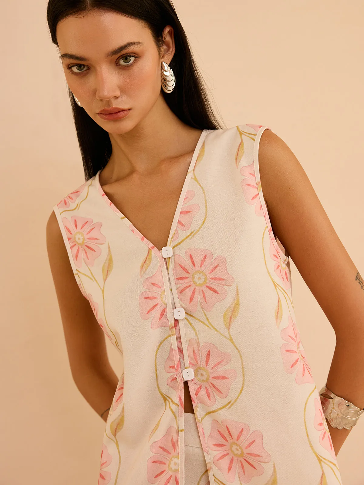 Floral Print Sleeveless Vest sold by COMMENSE product image thumbnail 5