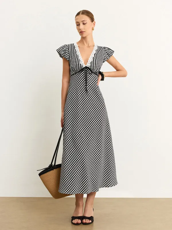Gingham Lace-Trimmed Midi Dress sold by COMMENSE