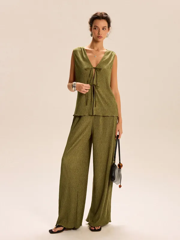Sleeveless Tie-Front Top and Wide-Leg Pants Set sold by COMMENSE