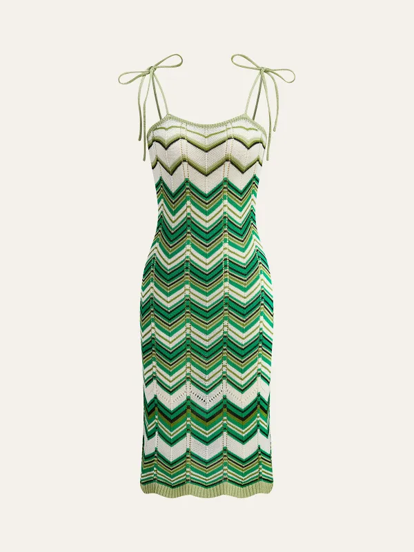 Chevron-Patterned Tie-Strap Knit Midi Dress sold by COMMENSE