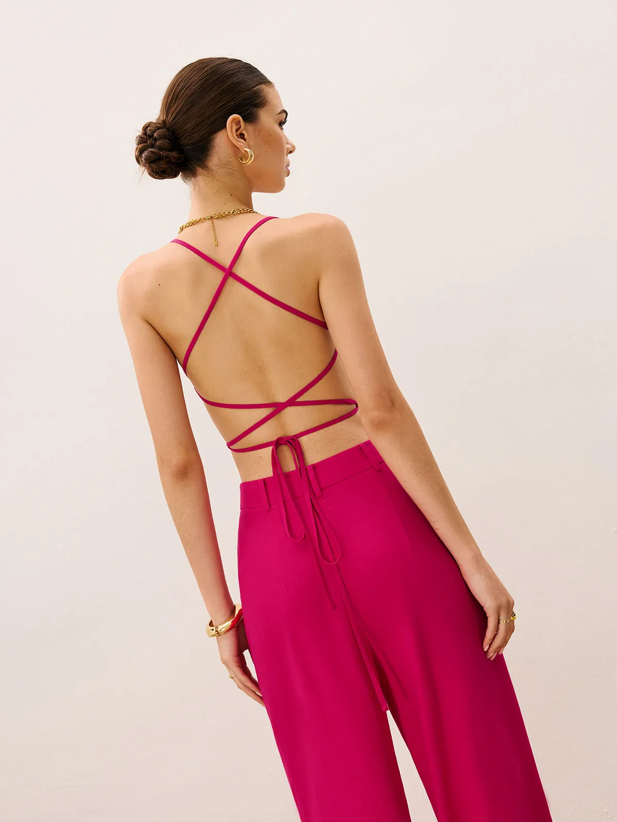 Tie-Back Top and Wide-Leg Pants Set sold by COMMENSE