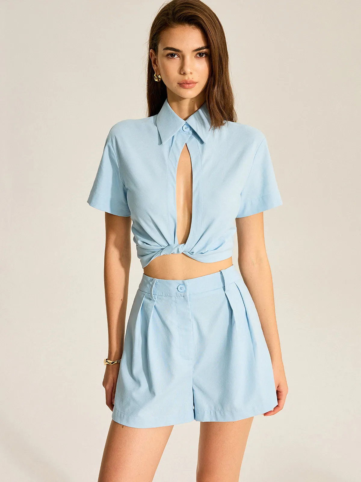 Tie-Front Cropped Shirt and Pocketed Shorts Set sold by COMMENSE