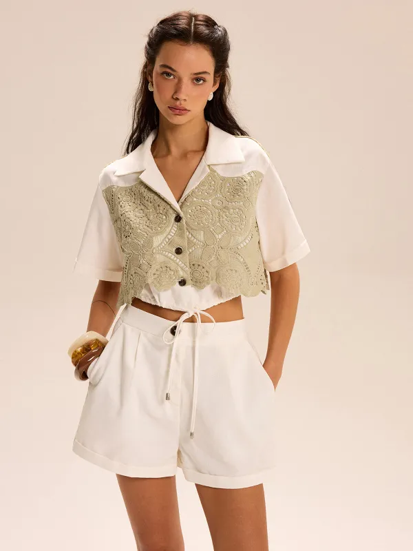 Lace-paneled Cropped Shirt Shorts Set sold by COMMENSE