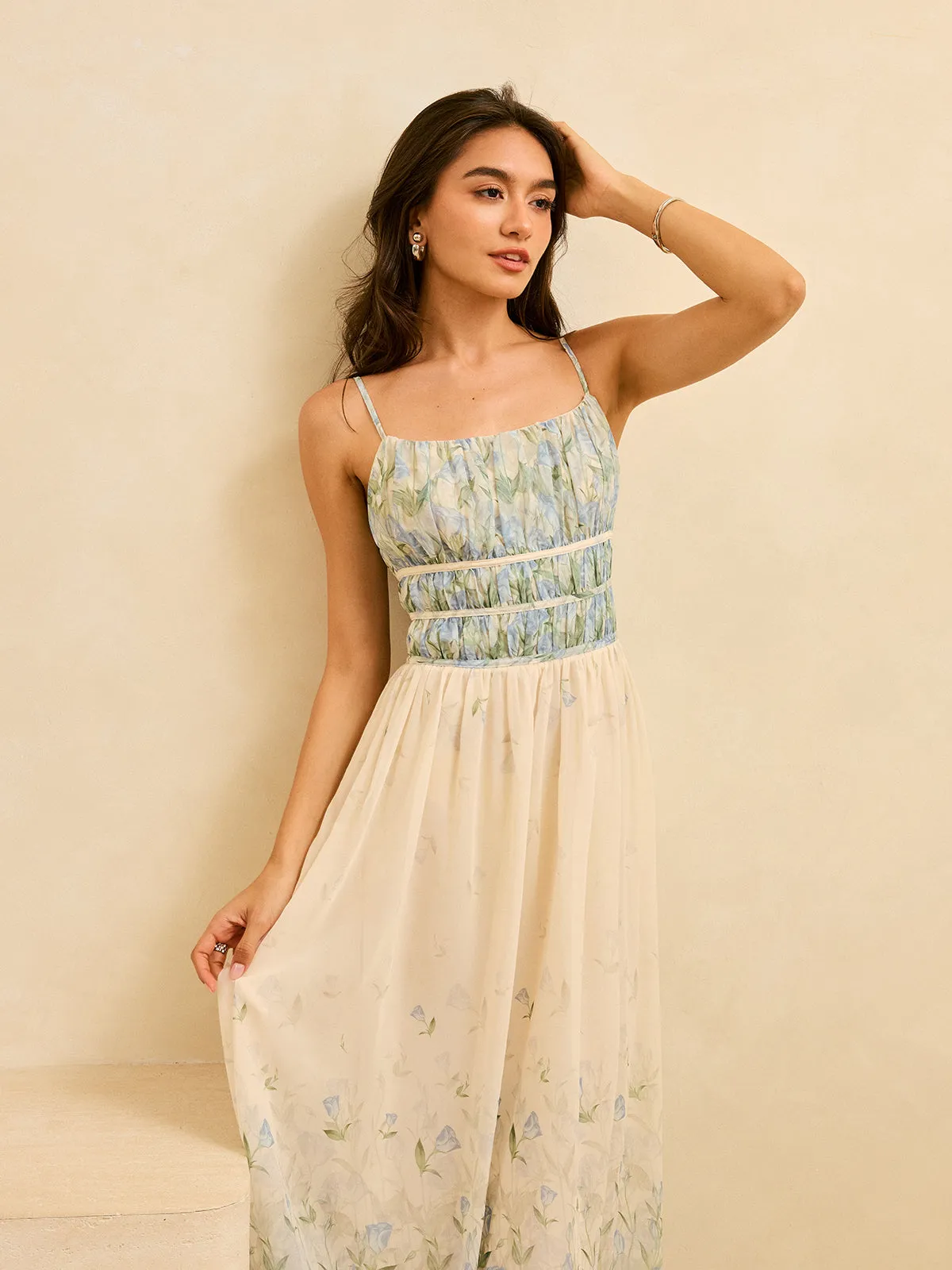 Semi-Sheer Floral Print Pleat Waist Tiered Maxi Dress sold by COMMENSE product image thumbnail 5