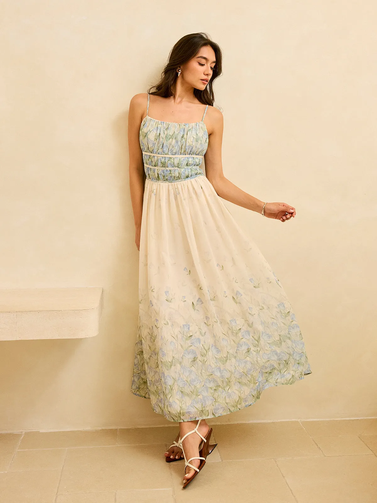 Semi-Sheer Floral Print Pleat Waist Tiered Maxi Dress sold by COMMENSE product image thumbnail 2