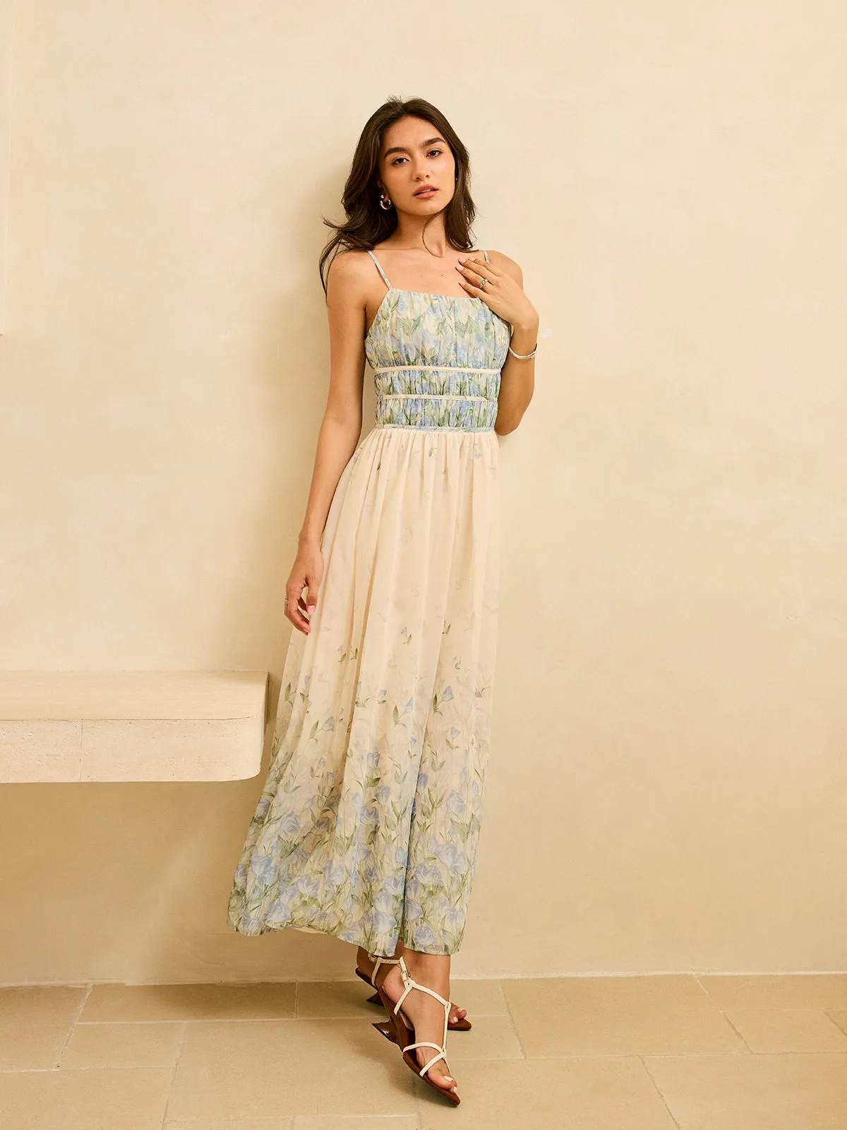 Semi-Sheer Floral Print Pleat Waist Tiered Maxi Dress sold by COMMENSE product image thumbnail 4