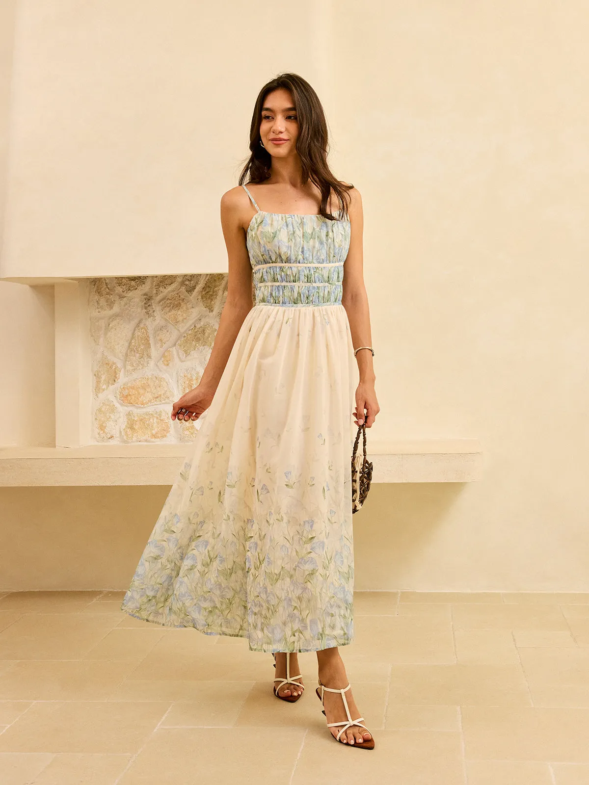 Semi-Sheer Floral Print Pleat Waist Tiered Maxi Dress sold by COMMENSE product image thumbnail 3
