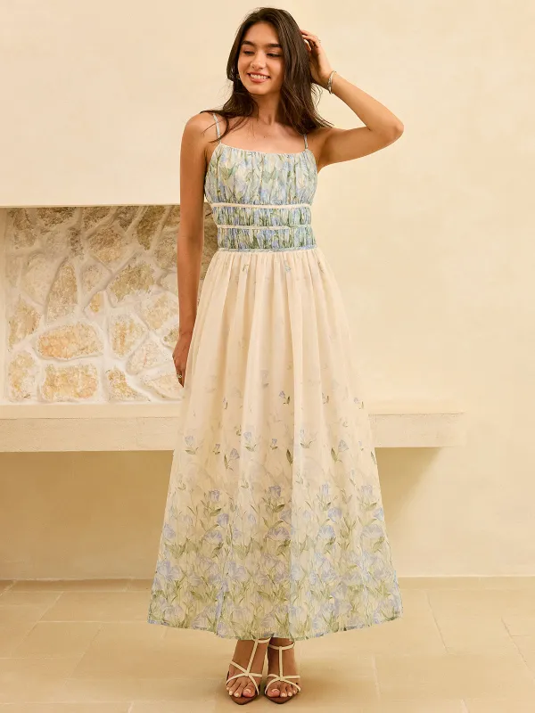 Semi-Sheer Floral Print Pleat Waist Tiered Maxi Dress sold by COMMENSE