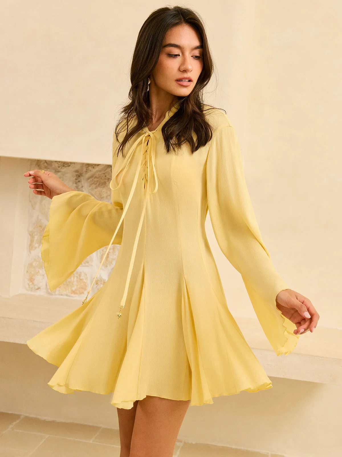 Tie-Front Flared Sleeve Dress sold by COMMENSE