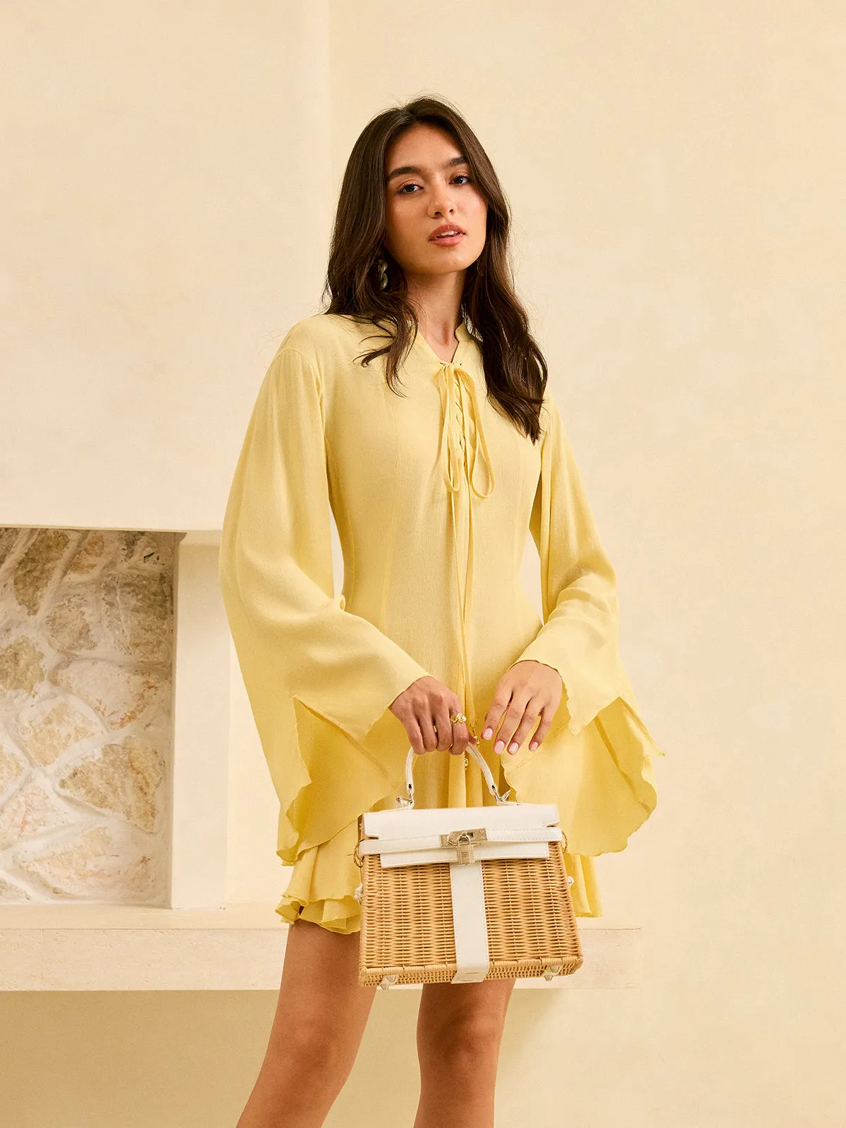 Tie-Front Flared Sleeve Dress sold by COMMENSE product image thumbnail 5