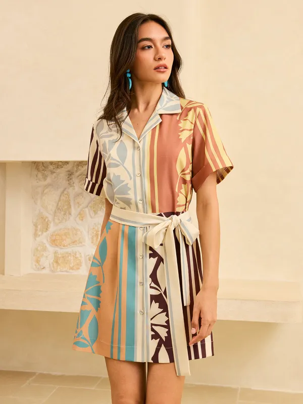 Abstract Print Belted Striped Dress sold by COMMENSE