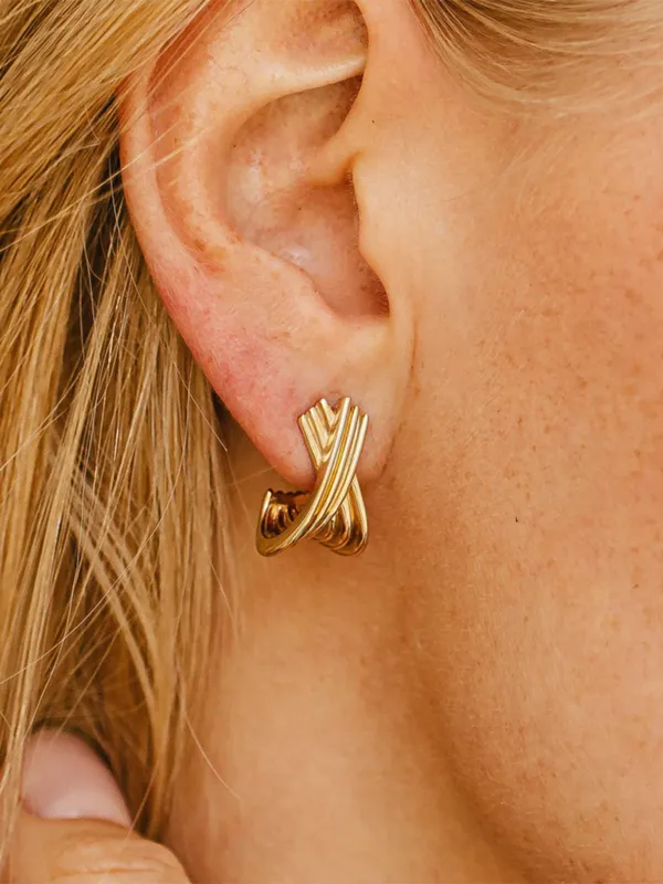 Gold Plated Crossover Hoop Earrings sold by COMMENSE