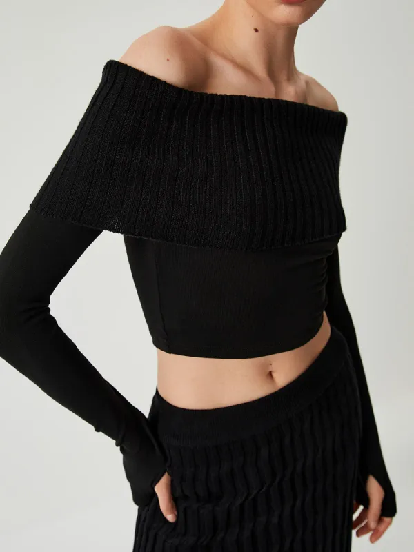 Overfold Off Shoulder Long Sleeve Crop Shirt sold by COMMENSE