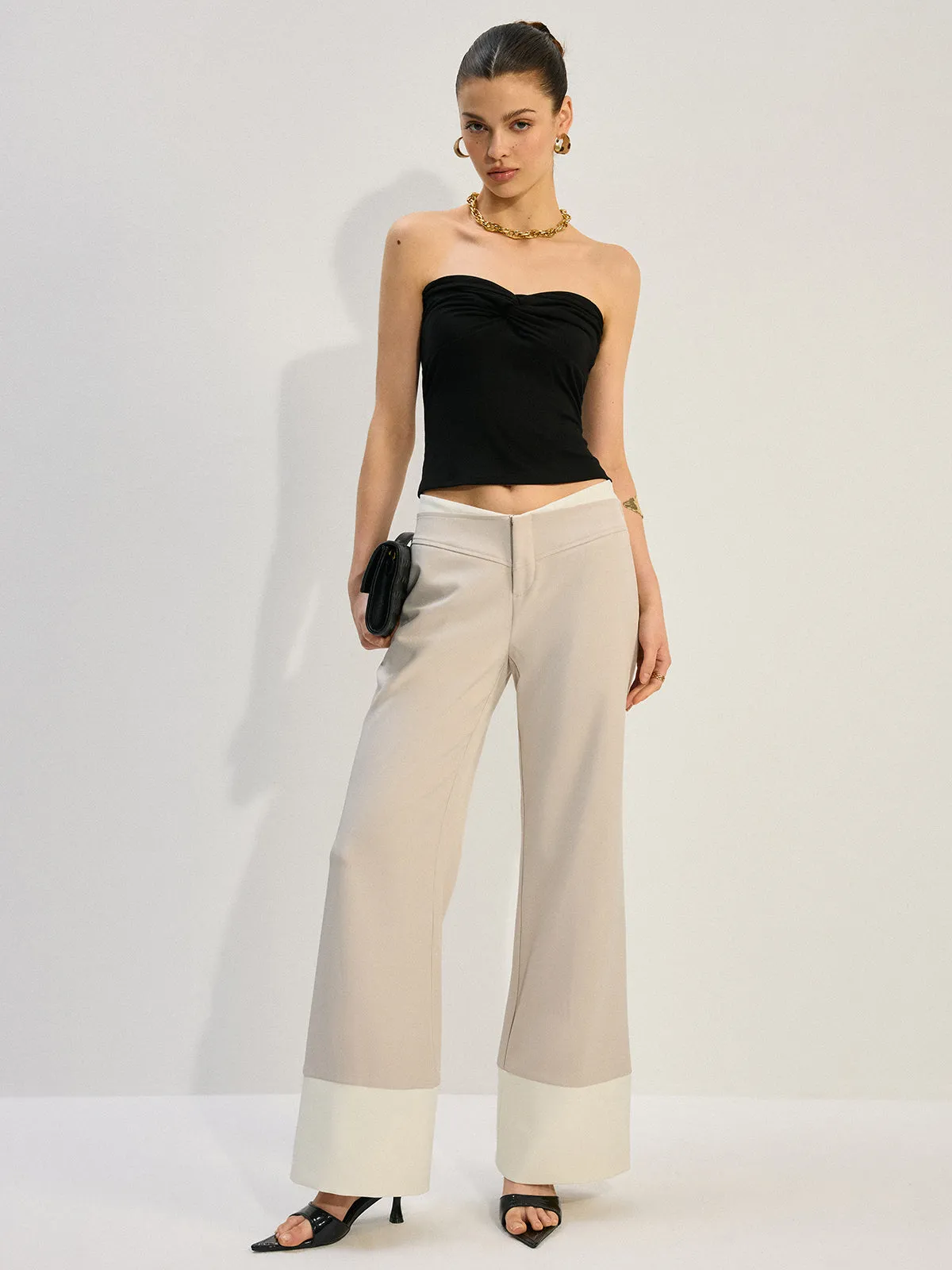Wide-Leg Low-Waist Pants with Colorblock Hem sold by COMMENSE