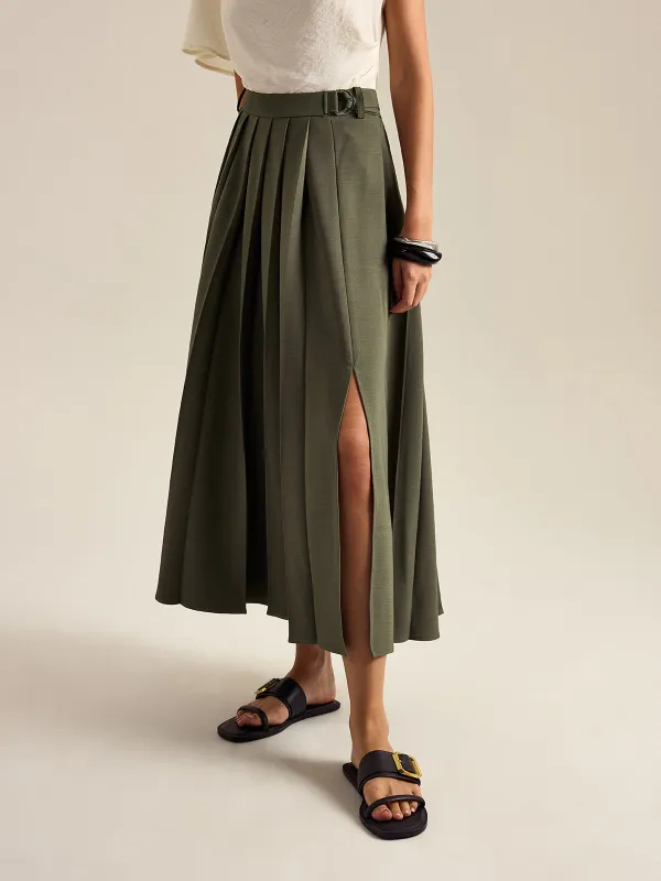 Pleated Midi Skirt with Side Slit sold by COMMENSE