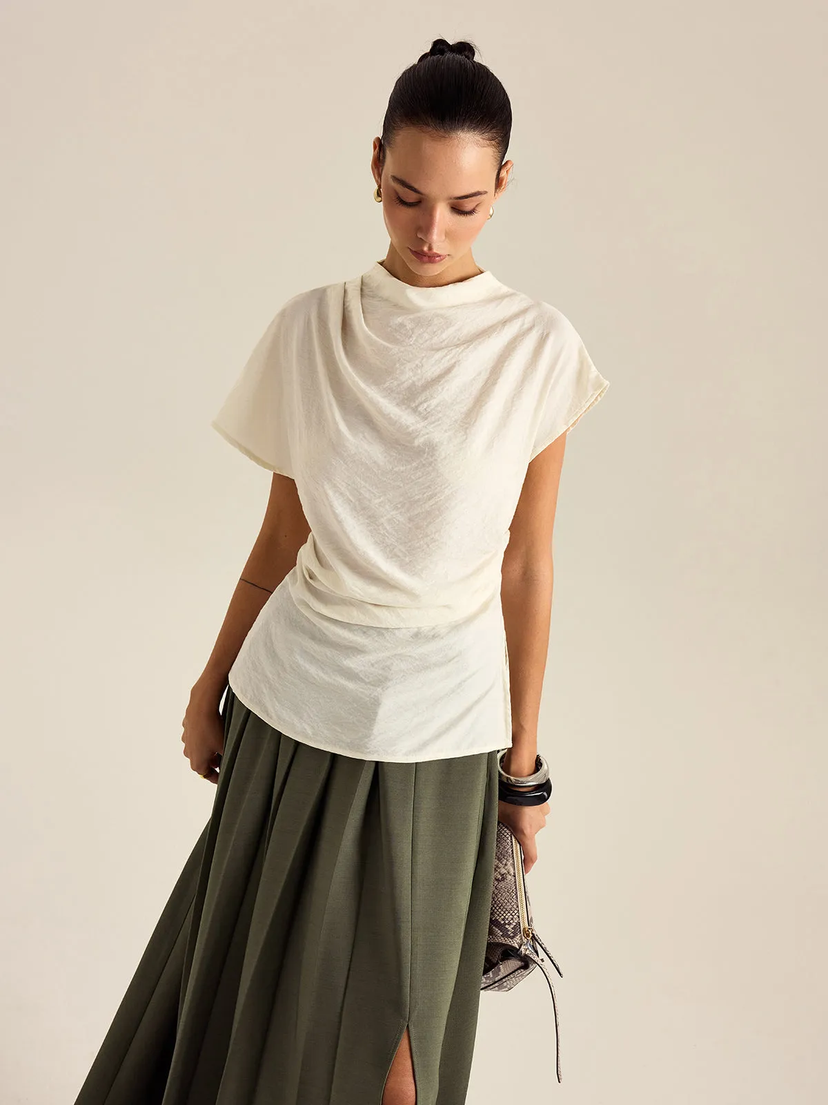 Draped Mock Neck Blouse sold by COMMENSE