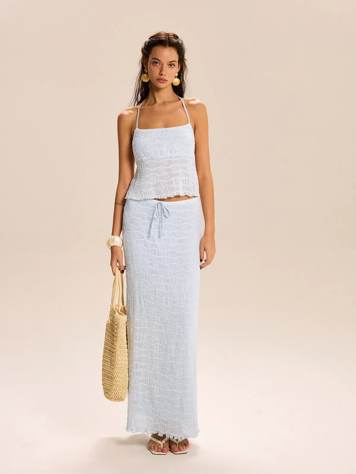 Textured Halter Crop Top and Skirt Set sold by COMMENSE