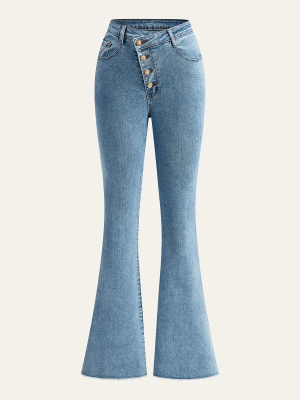 Mid-Waisted Button-fly Flared Jeans sold by COMMENSE