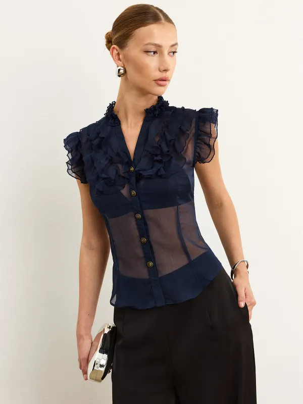Semi-Sheer Ruffled Blouse sold by COMMENSE