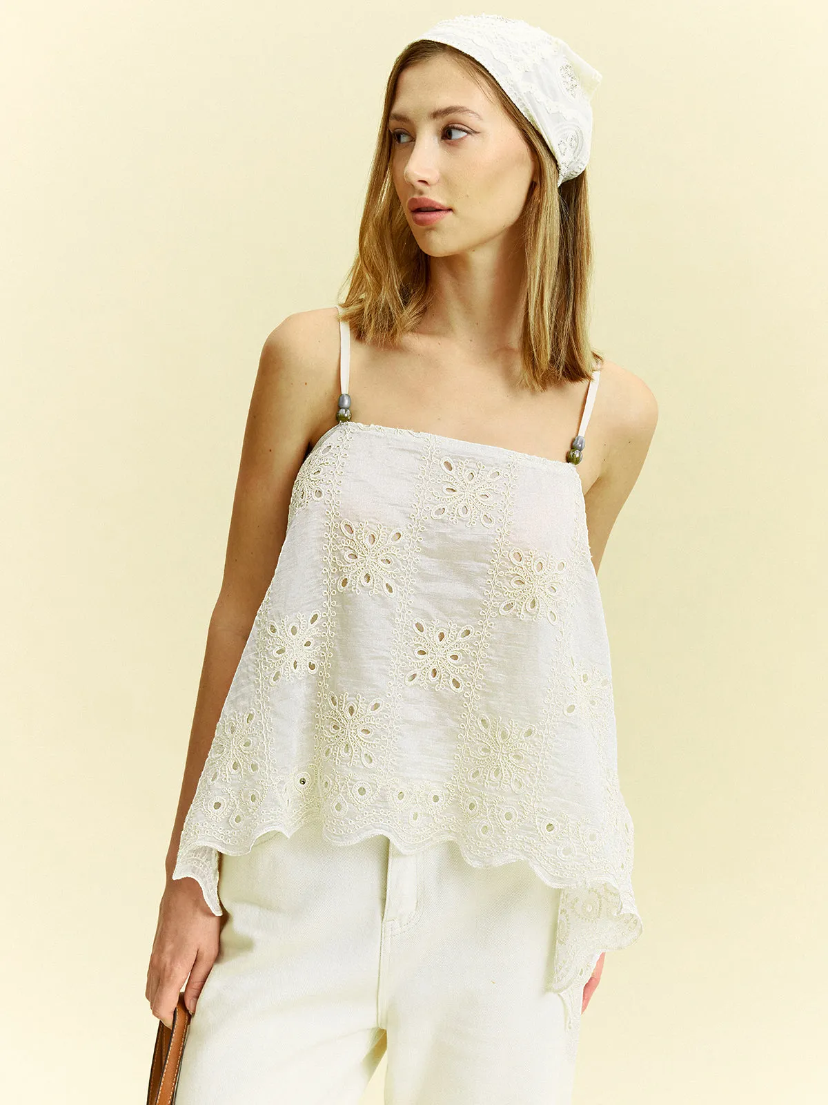 Semi-Sheer Embroidered Eyelet Cami Top sold by COMMENSE