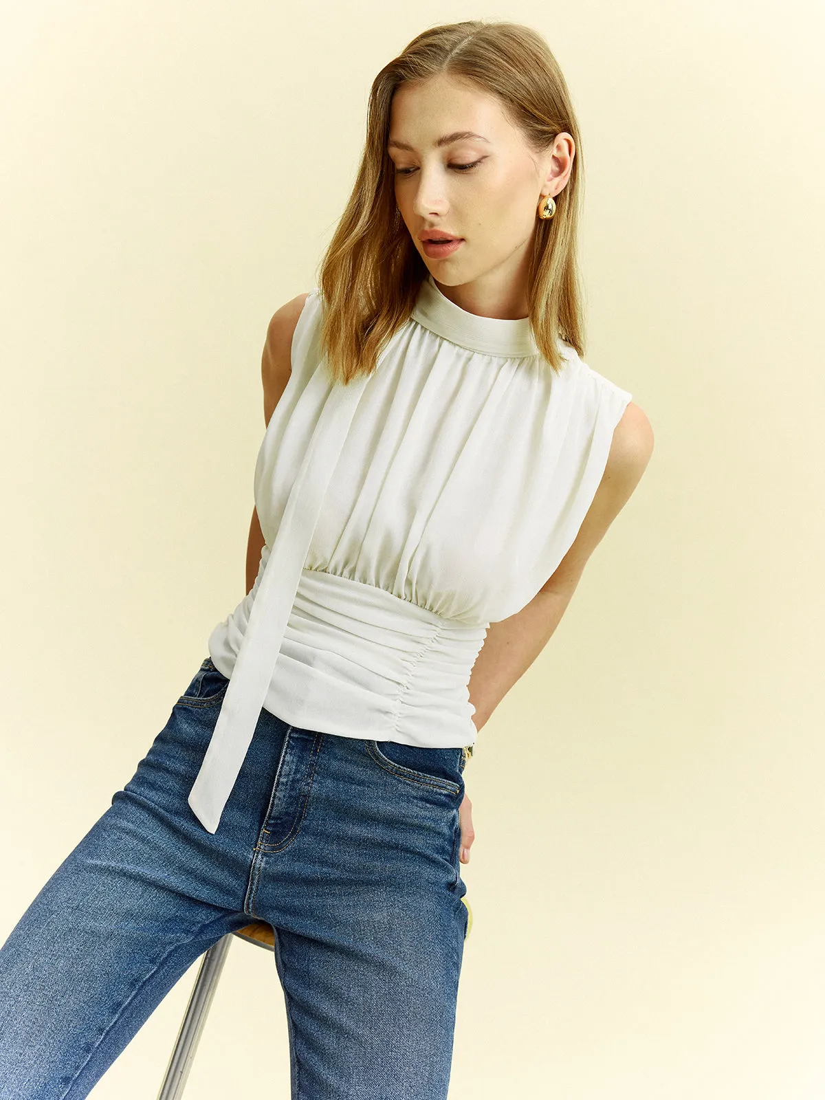 Semi-Sheer Ruched Waist Bow Tie-Back Blouse sold by COMMENSE product image thumbnail 4