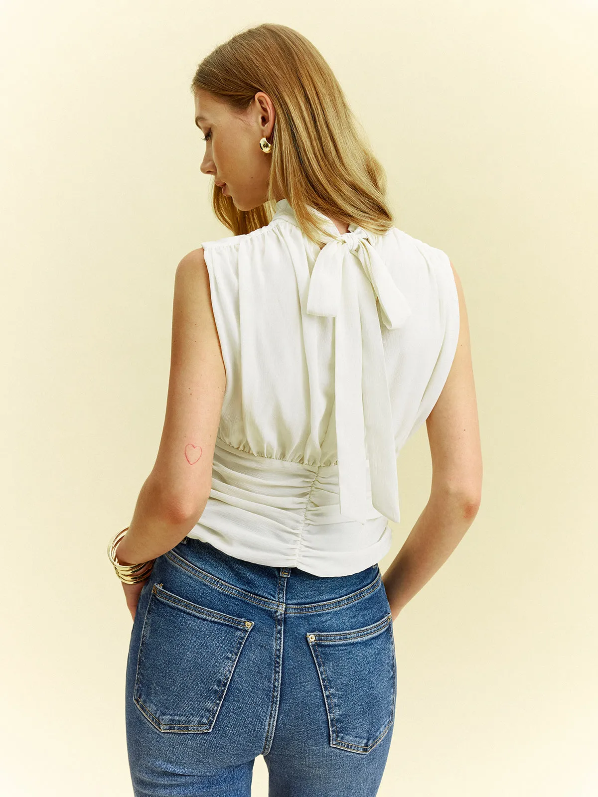 Semi-Sheer Ruched Waist Bow Tie-Back Blouse sold by COMMENSE product image thumbnail 2