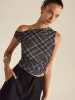 Asymmetrical Plaid Top sold by COMMENSE