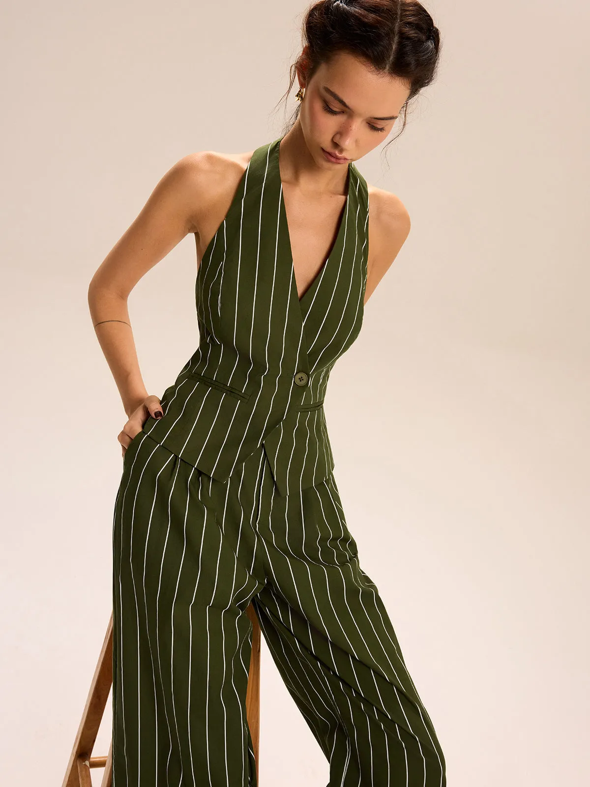 Striped Halter-Neck Vest and Wide-Leg Pants Set sold by COMMENSE product image thumbnail 4