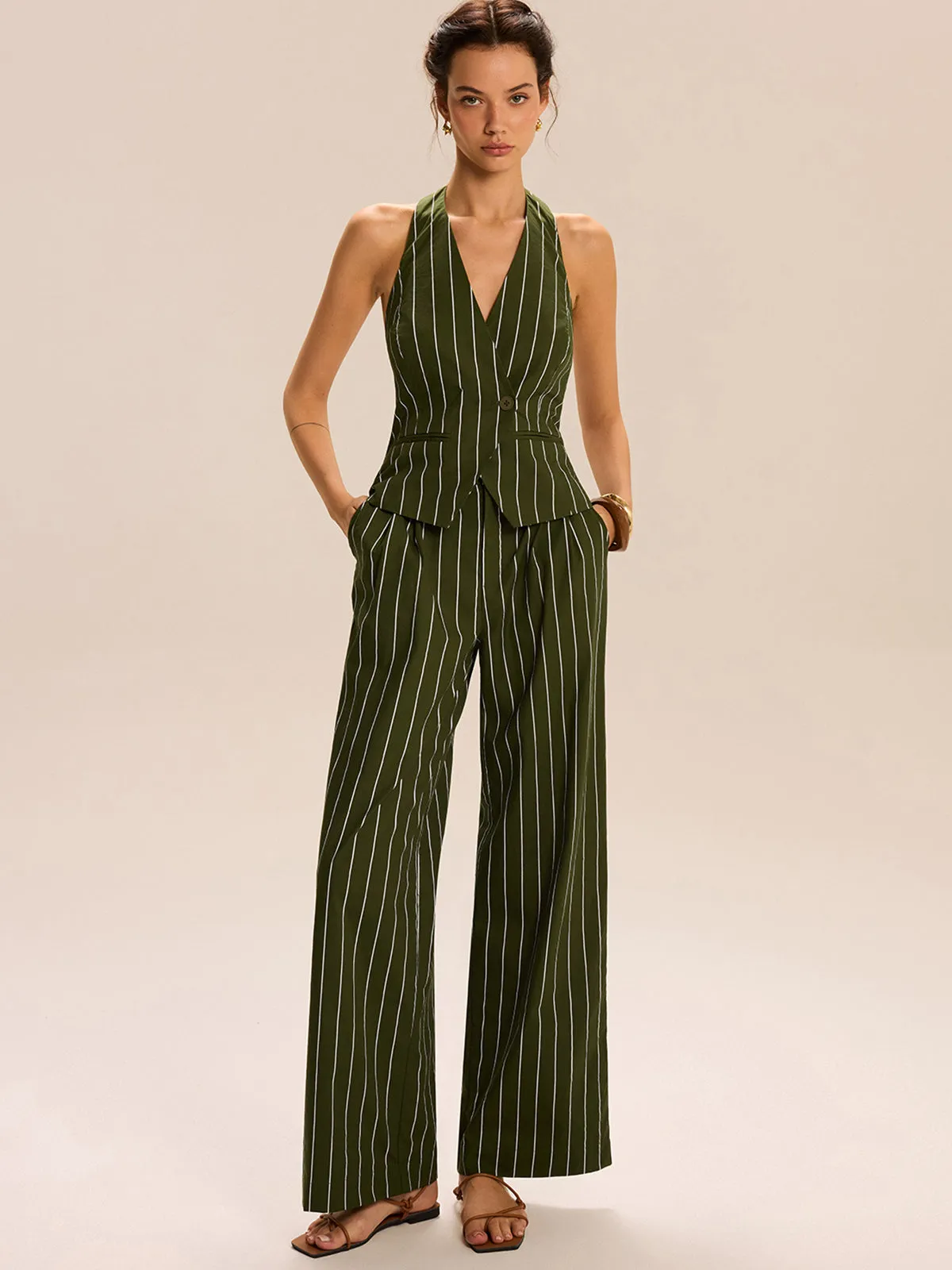 Striped Halter-Neck Vest and Wide-Leg Pants Set sold by COMMENSE