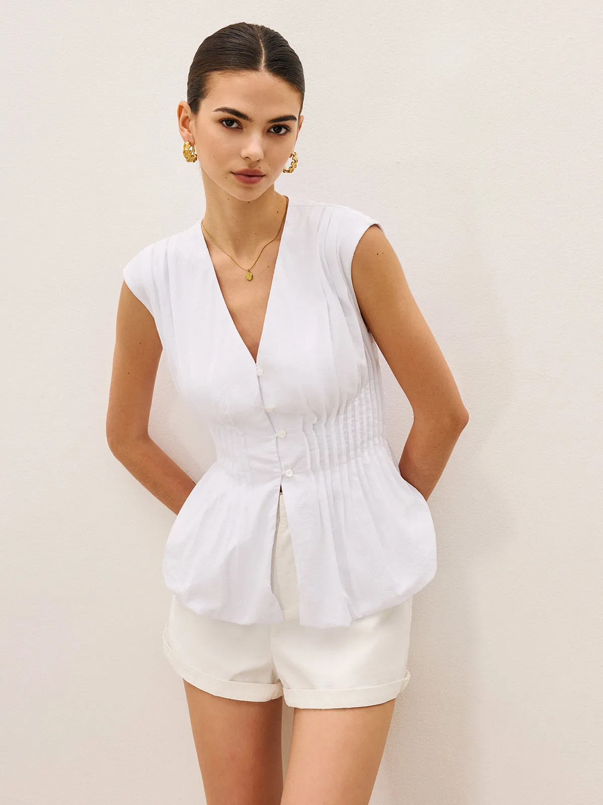 Pleated Peplum V-Neck Blouse sold by COMMENSE product image thumbnail 5