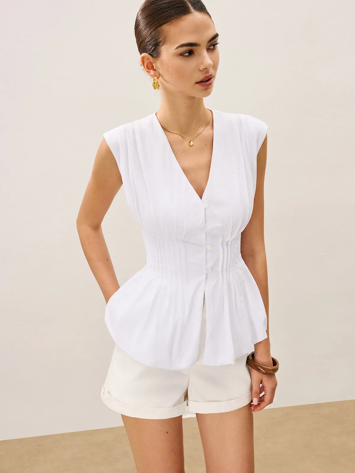 Pleated Peplum V-Neck Blouse sold by COMMENSE product image thumbnail 2