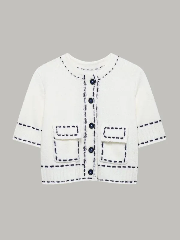 Short-Sleeved Cropped Cardigan with Contrast Stitching sold by COMMENSE
