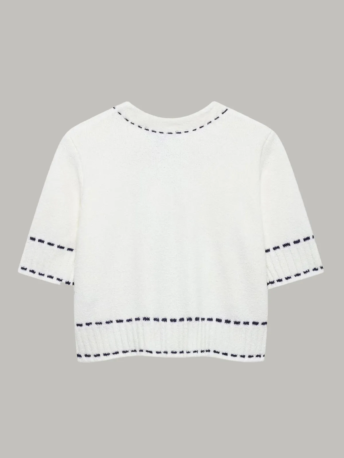 Short-Sleeved Cropped Cardigan with Contrast Stitching sold by COMMENSE product image thumbnail 4