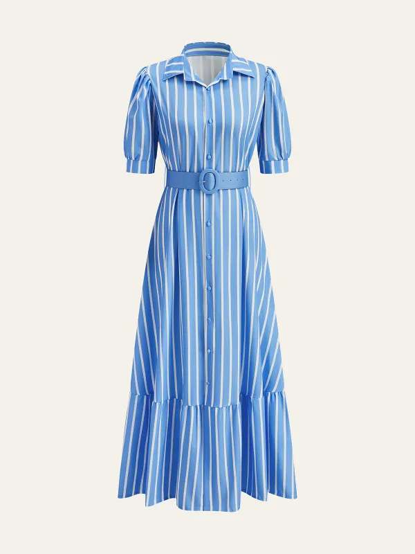 Belted Striped Dress with Puff Sleeves sold by COMMENSE