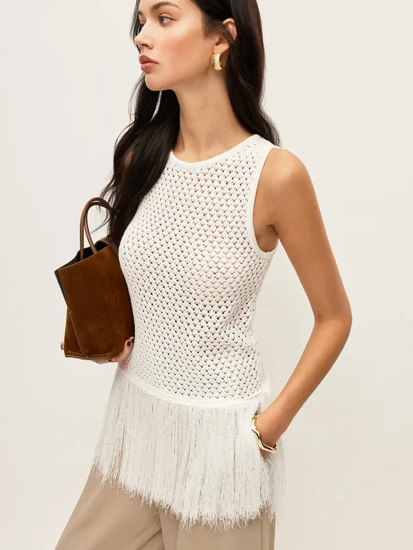 Semi-Sheer Knit Vest With Fringe Hem sold by COMMENSE