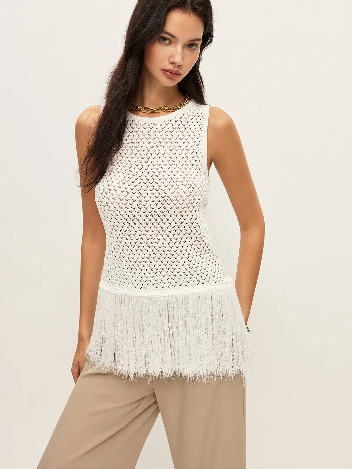 Semi-Sheer Knit Vest With Fringe Hem sold by COMMENSE product image thumbnail 2