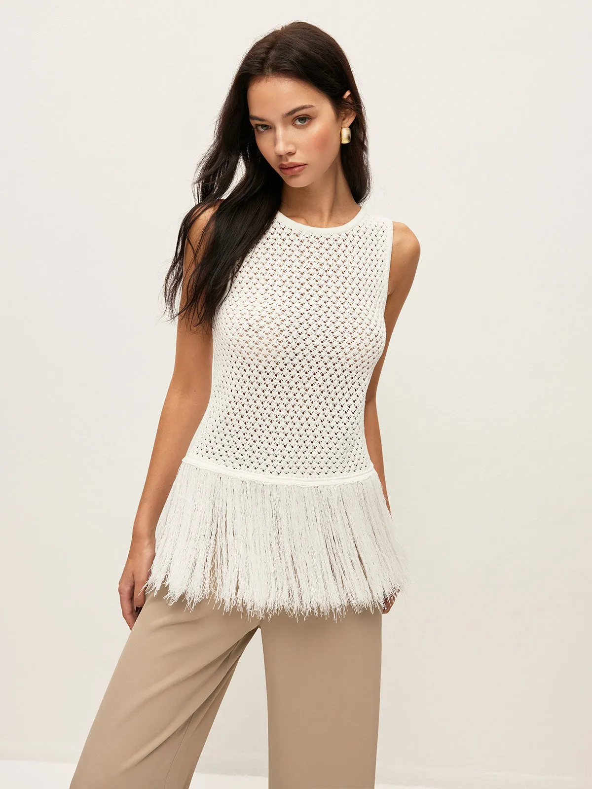 Semi-Sheer Knit Vest With Fringe Hem sold by COMMENSE product image thumbnail 5