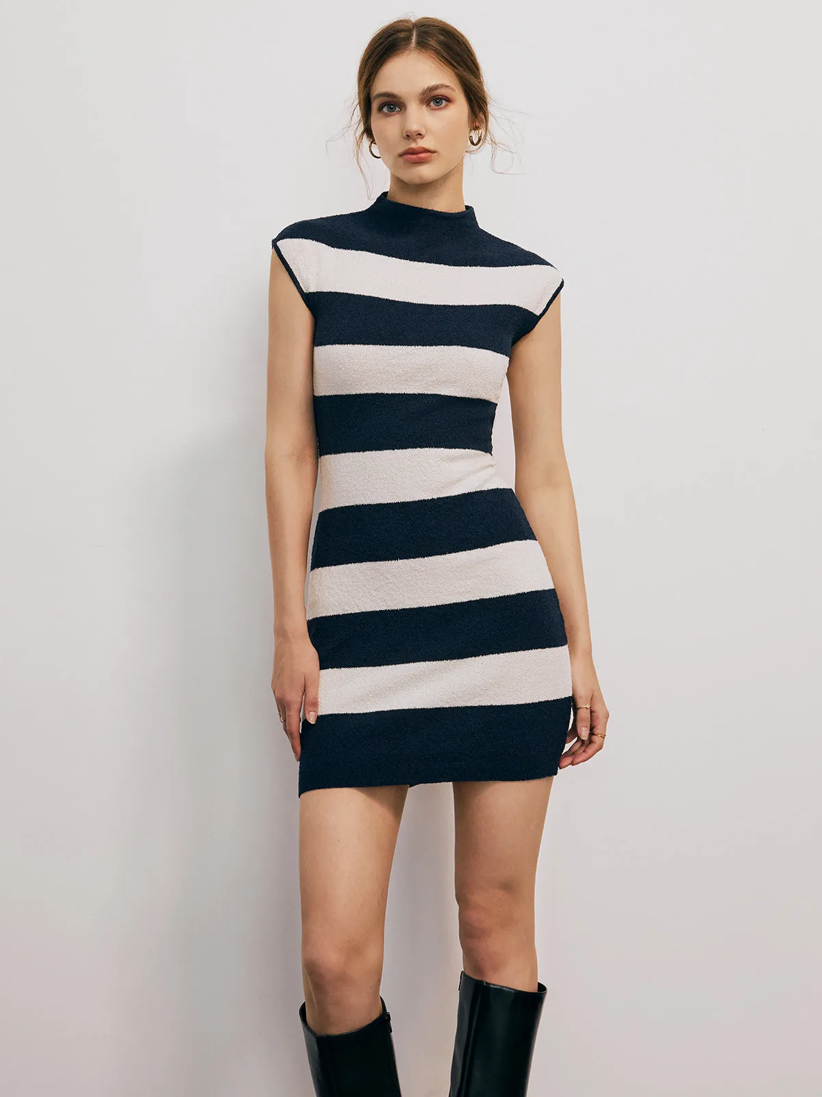 Knitted Contrast Mock Neck Short Dress sold by COMMENSE