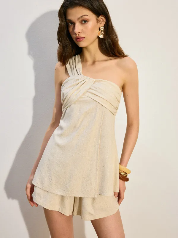 One-Shoulder Linen & Cotton Shorts Set sold by COMMENSE
