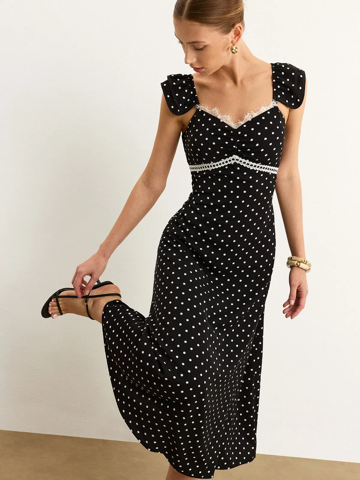 Polka Dot Lace Trim Midi Dress sold by COMMENSE product image thumbnail 4