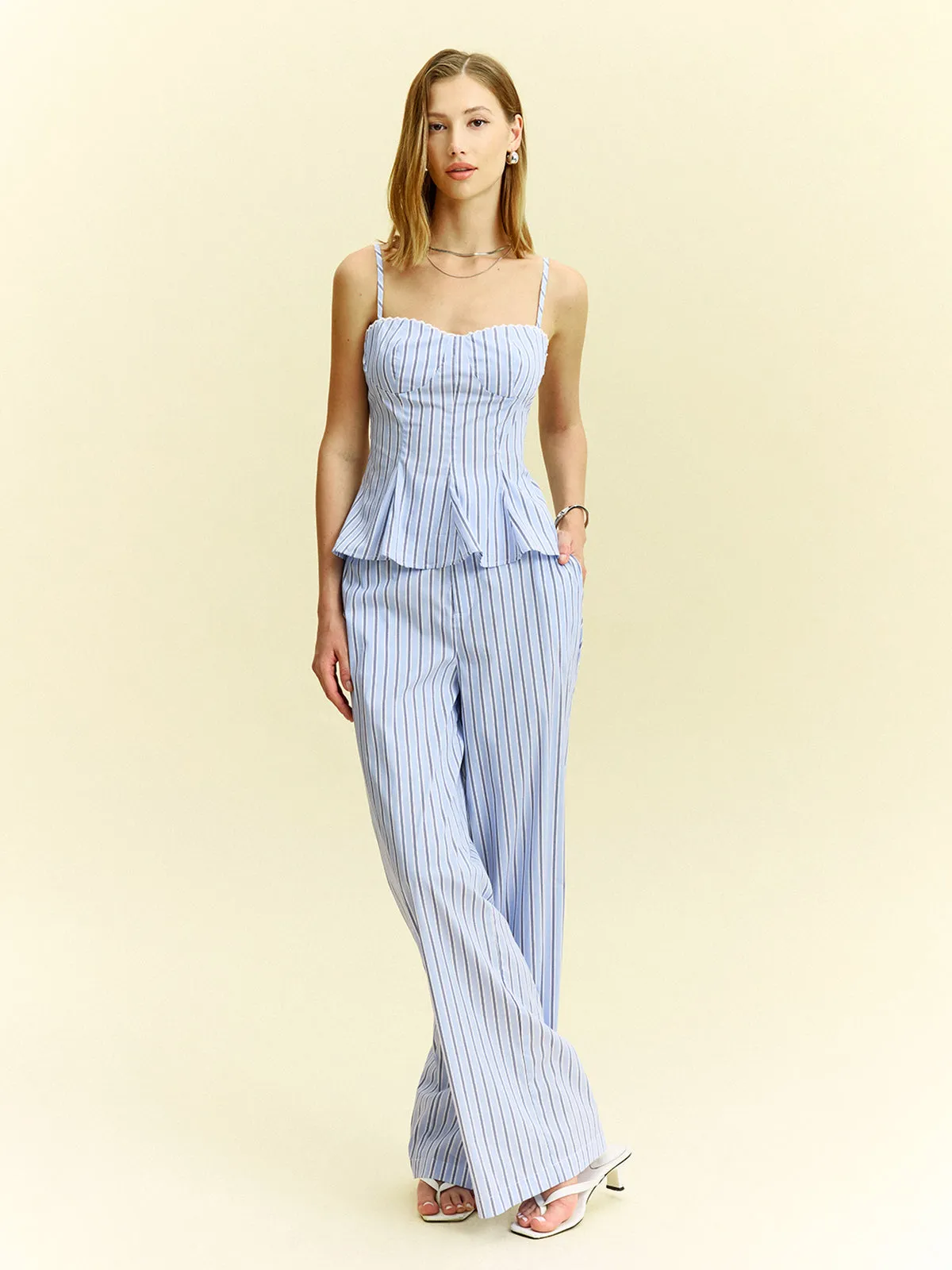 Striped Peplum Top and Wide-Leg Pants Set sold by COMMENSE product image thumbnail 4